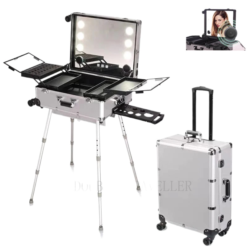 ใหม่ Professional Rolling เครื่องสําอางค์แต่งหน้าความงามรถเข็นกระเป๋าเดินทาง LED Light กระจกกระเป๋าเดินทางกรอบอลูมิเนียมพับตาราง