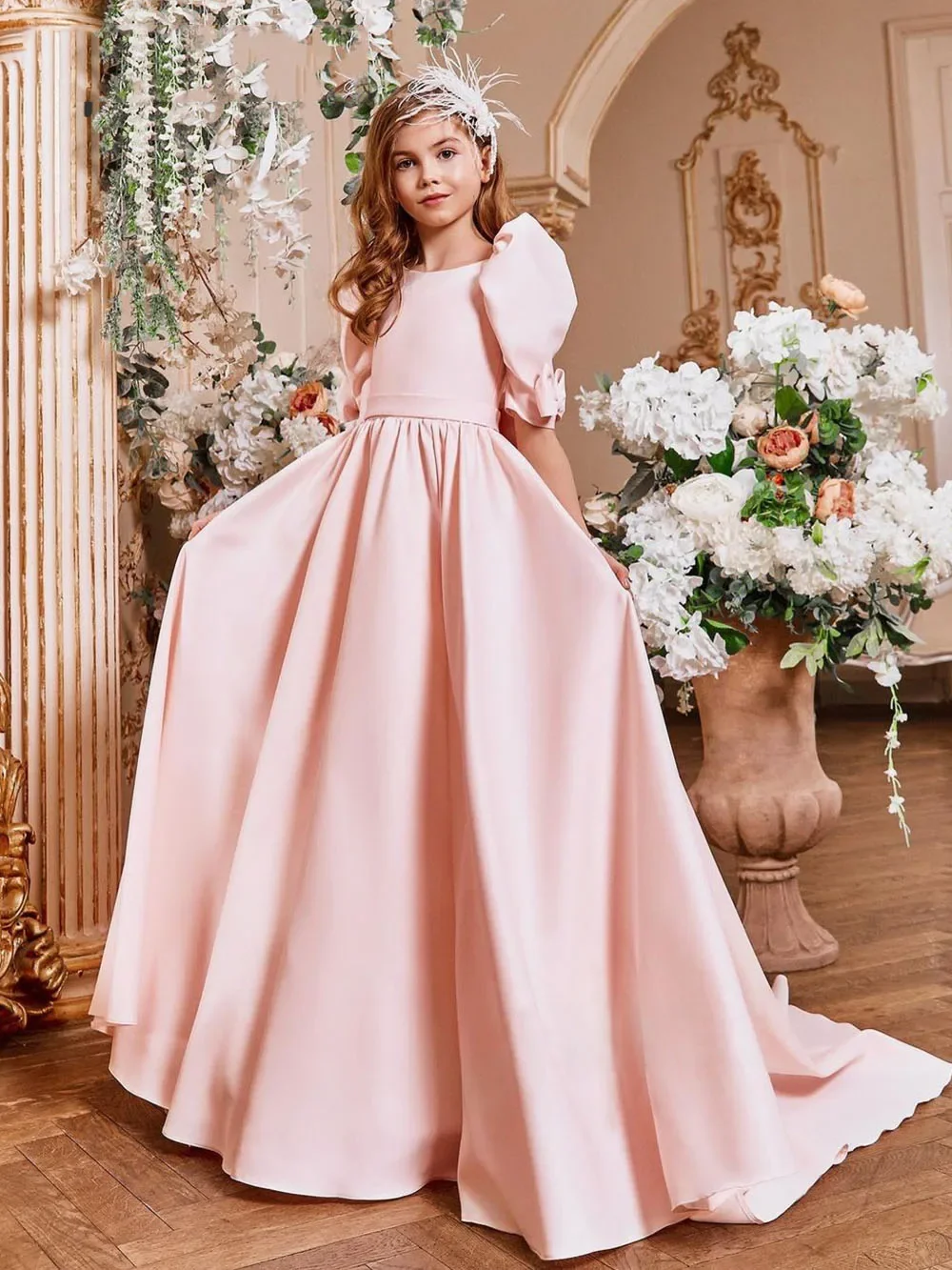 Blumenmädchenkleid aus Satin, rosa, A-Linie, halbe Ärmel, bodenlang, Kindergeburtstag, Partykleid, Erstkommunion, Ballkleid