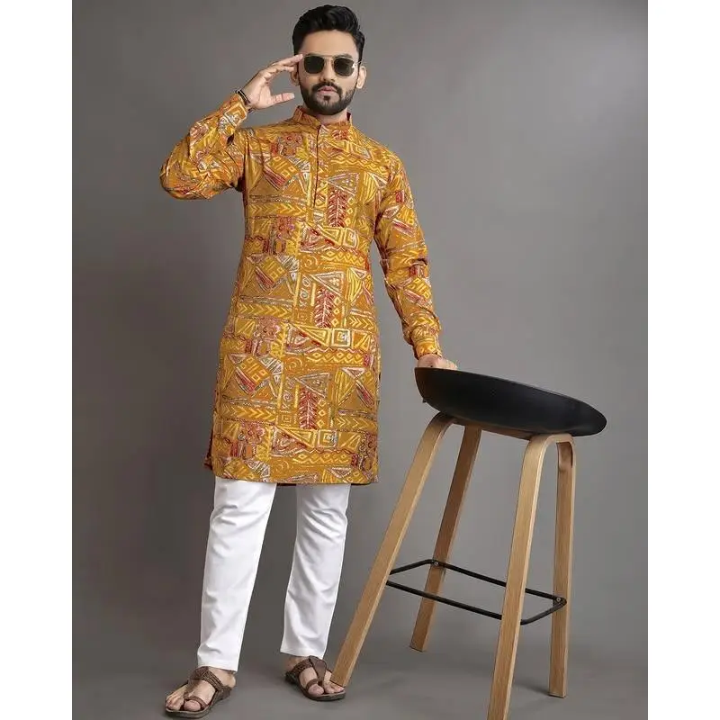 2025 masculino digital impresso kurta dhe ajuste regular gola mandarim longo adequado todas as ocasiões como casamento hari raya aidilfitri
