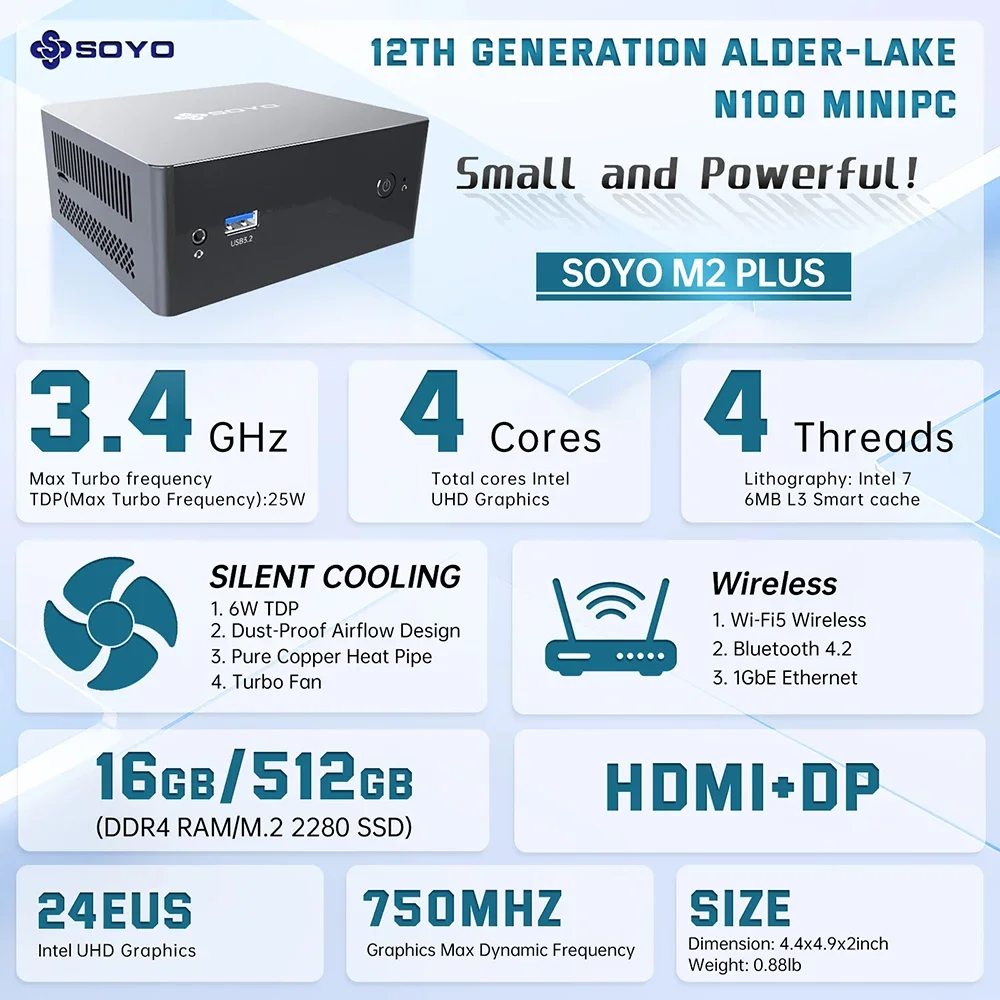 SOYO M2 Plus Mini PC Intel Alder Lake N100 Windows11 Pro 8 DDR4 256 M.2 SSD WiFi5 BT5.0 USB3.2 Portable Mini Computer