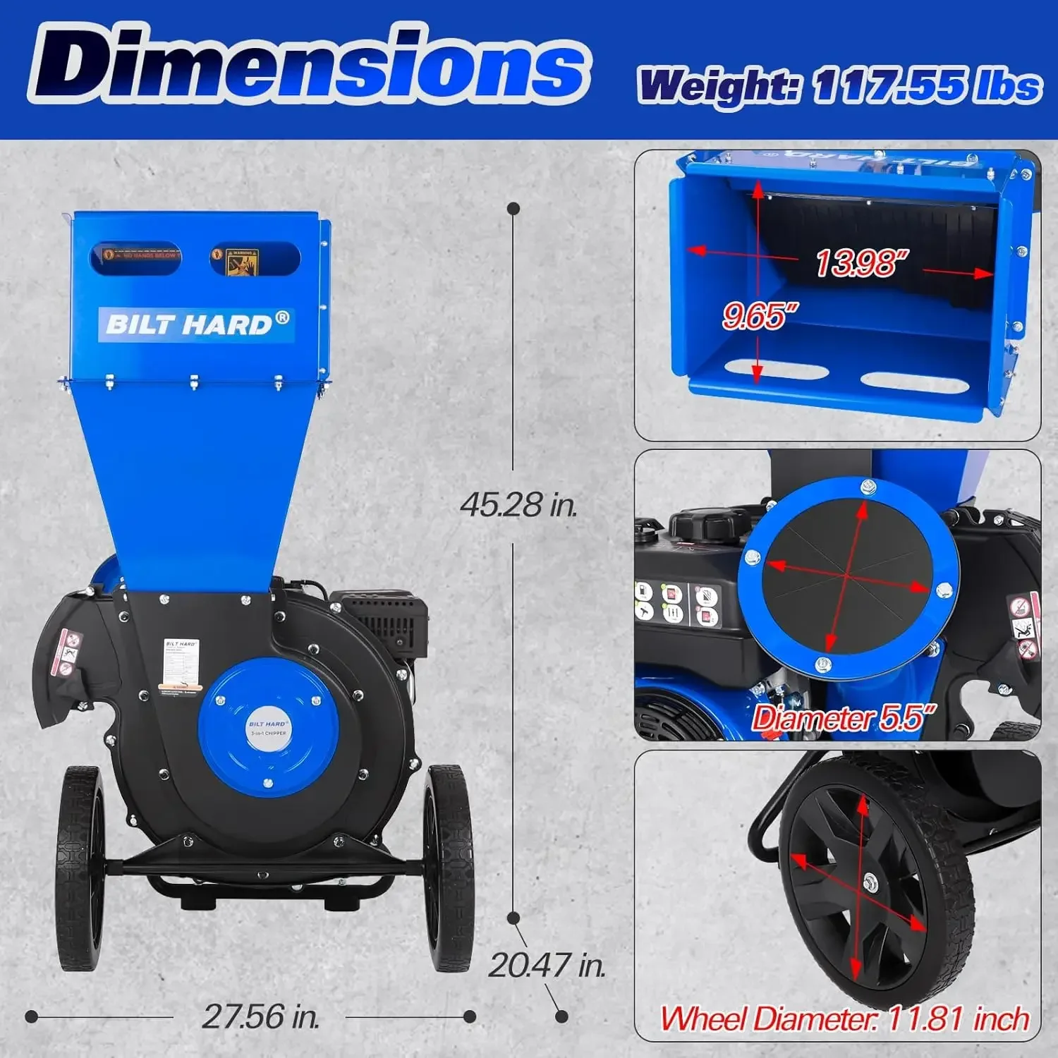 Wood Chipper - 7.5 HP 224cc Gas Powered Shredder Mulcher, 3 in 1 Multi-Function Heavy Duty,  Collection Bag