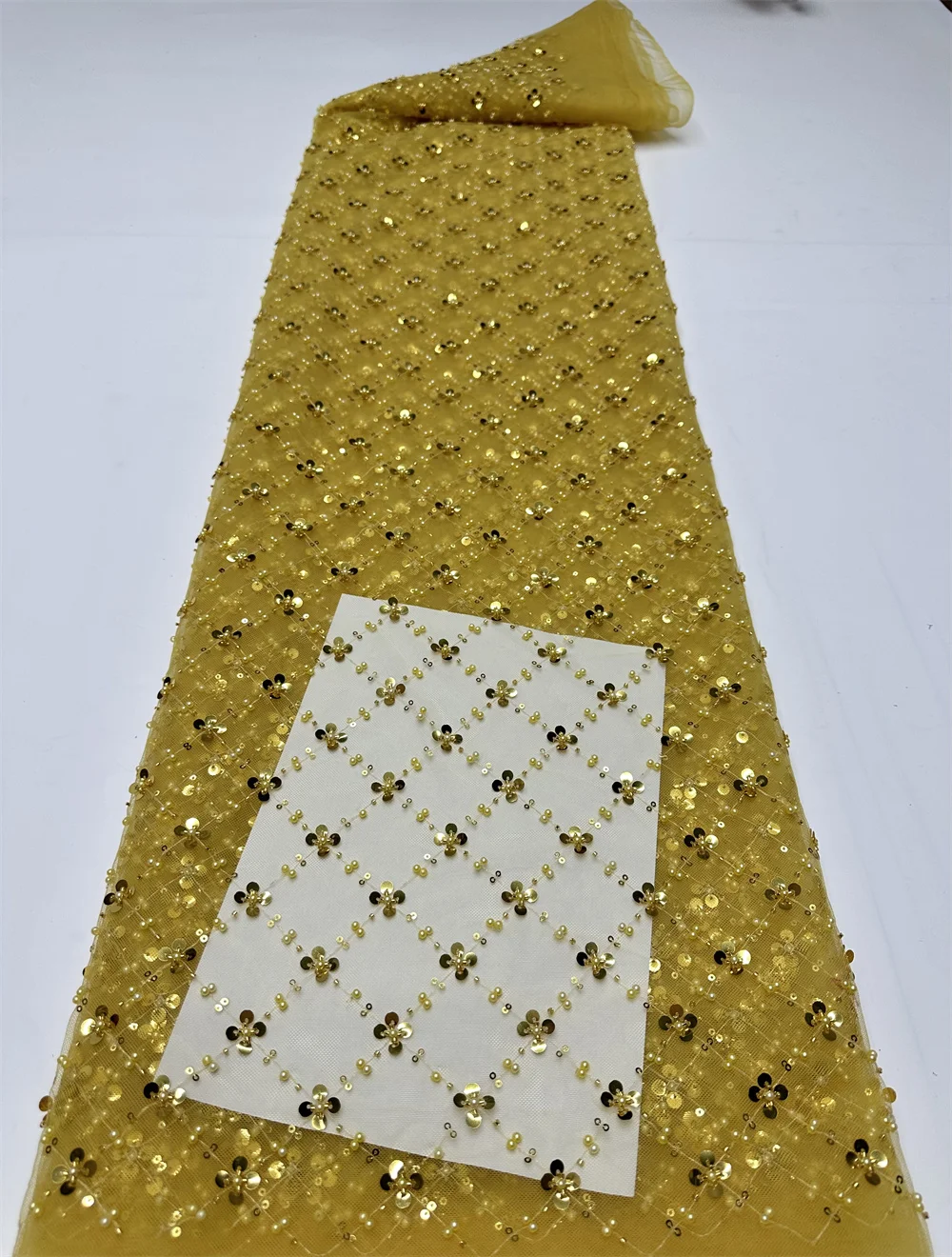 Gold Afrikanischer Tüll-Spitzenstoff, 2025, französischer Netz-Pailletten-Stoff, Nähen, Stickerei mit Perlen, Spitze, Tüll, Netzstoff, Nigeria-Kleid, 5 Yards