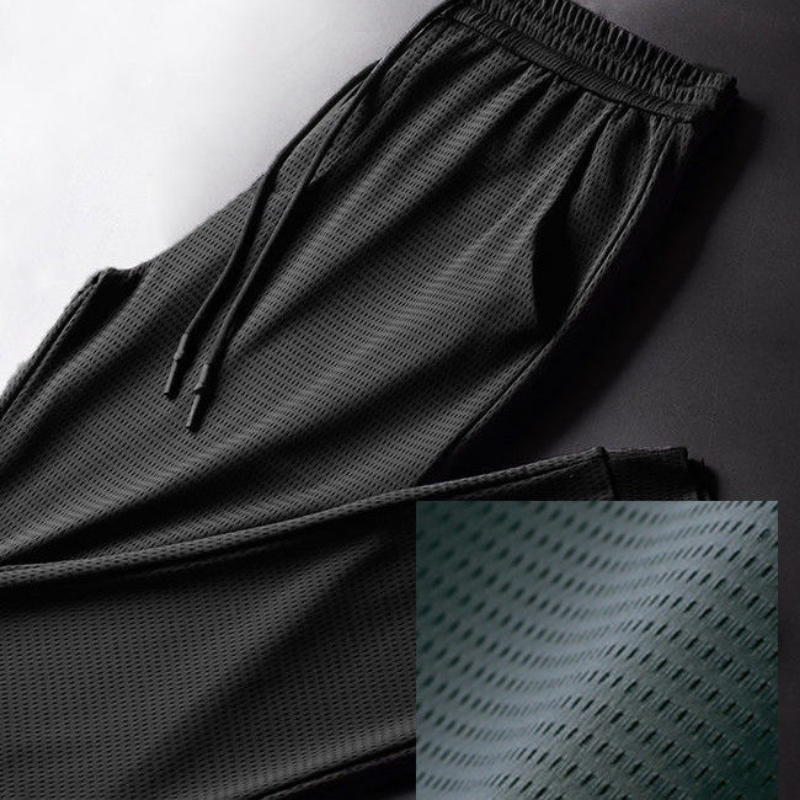 Pantalones de seda de hielo de verano para hombre, pantalones de malla transpirables informales finos de secado rápido, pantalones sueltos con pies elásticos, pantalones deportivos para Fitness