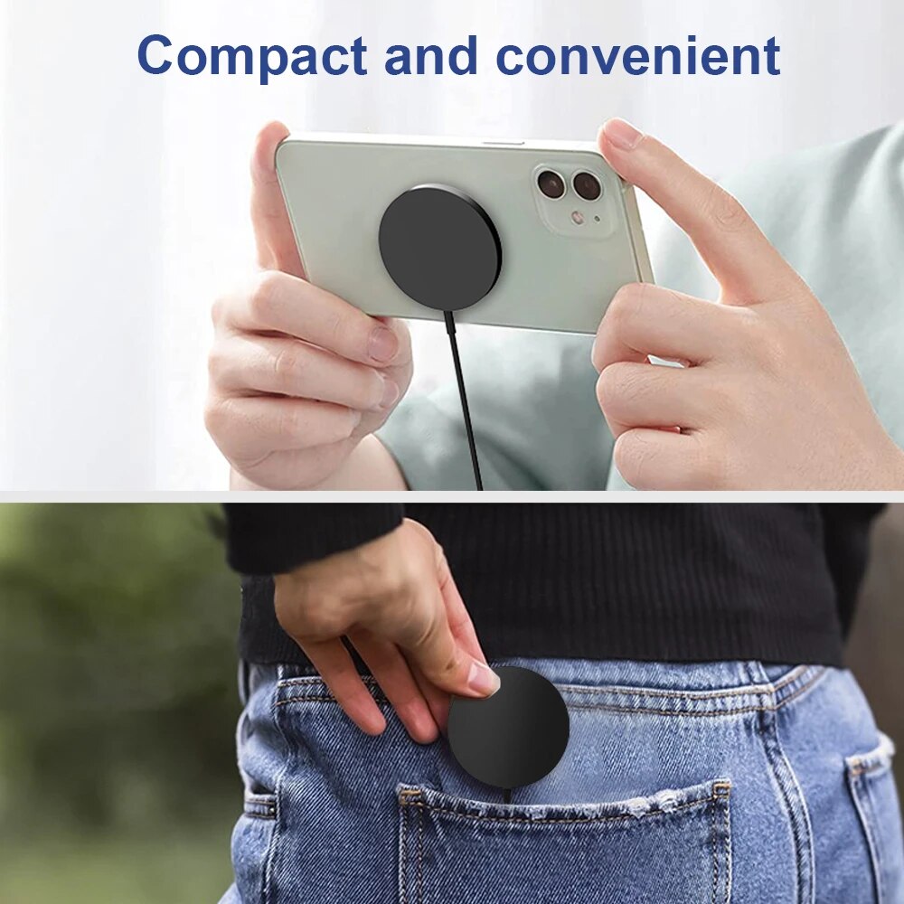 Carregador sem fio 15W compacto e conveniente preto para iPhone 15/14/13/12/11/Pro/Max/Se 2020/Xs/Xr/X/8 Plus Android Phone
