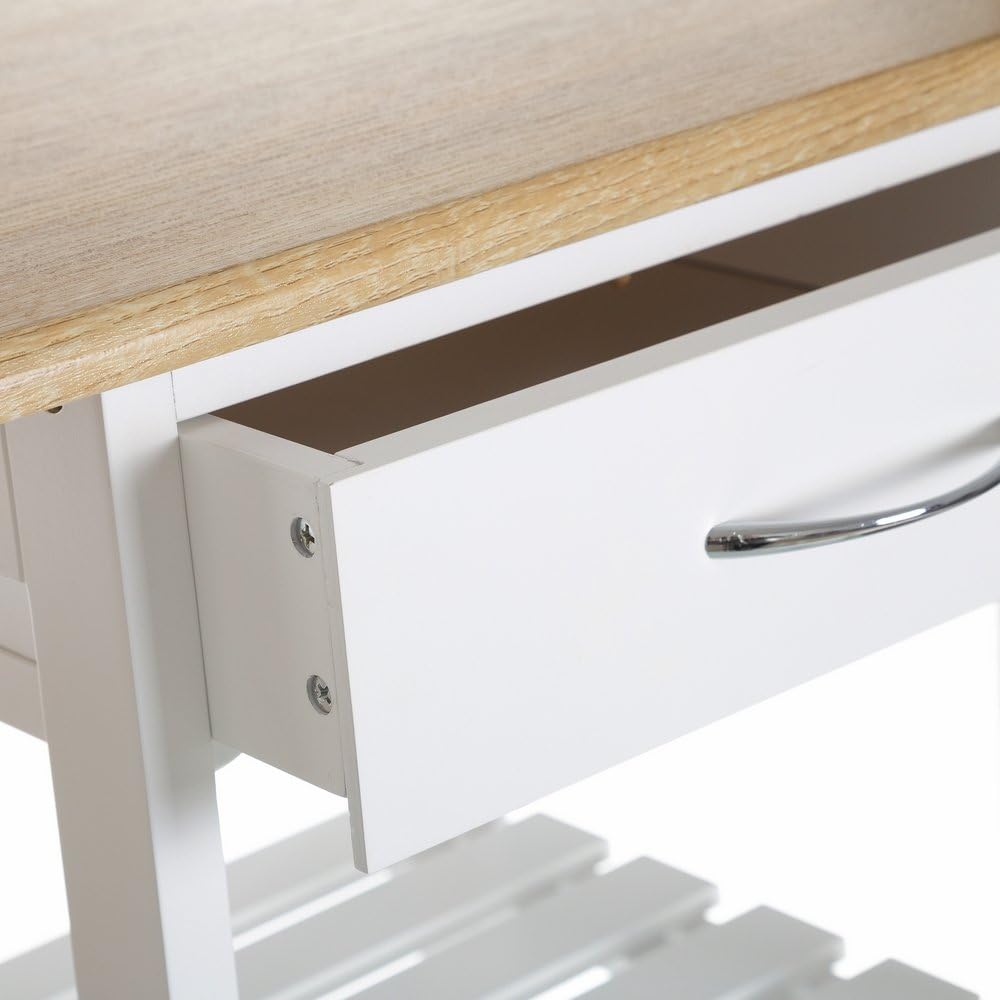 Conjunto de Mesa Alta y 2 taburetes con 1 cajón, 2 estantes, Cesta extraíble y botellero para Cocina de Madera Blanco y Natural