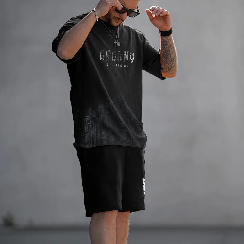 Letni męski strój sportowy na co dzień z nadrukiem miejskim sportowa bluza do joggingu na świeżym powietrzu spodnie dresowe oddychający szybkoschnący 2-częściowy garnitur