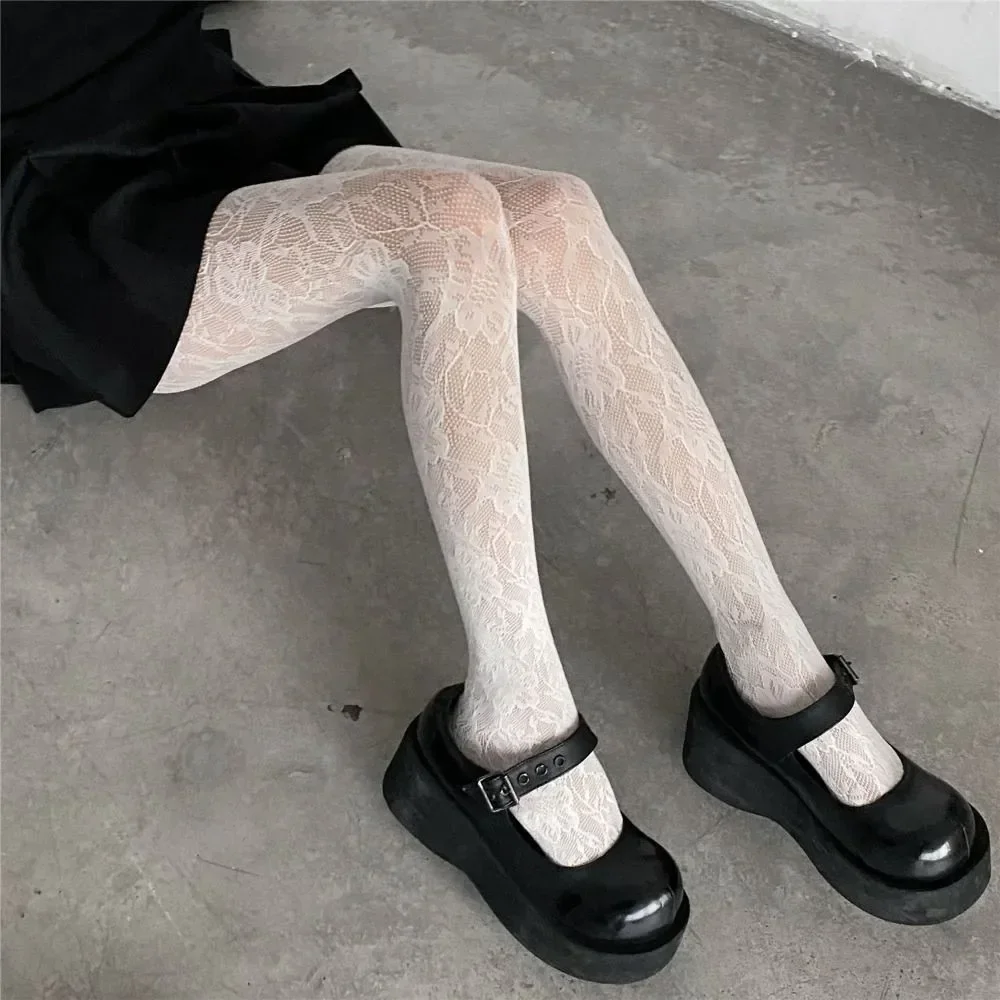 Y2k moda gótica flor ahueca hacia fuera pantimedias sexis mujeres rejilla vino rojo Ins chicas calientes JK medias mallas Hipster de alta elasticidad