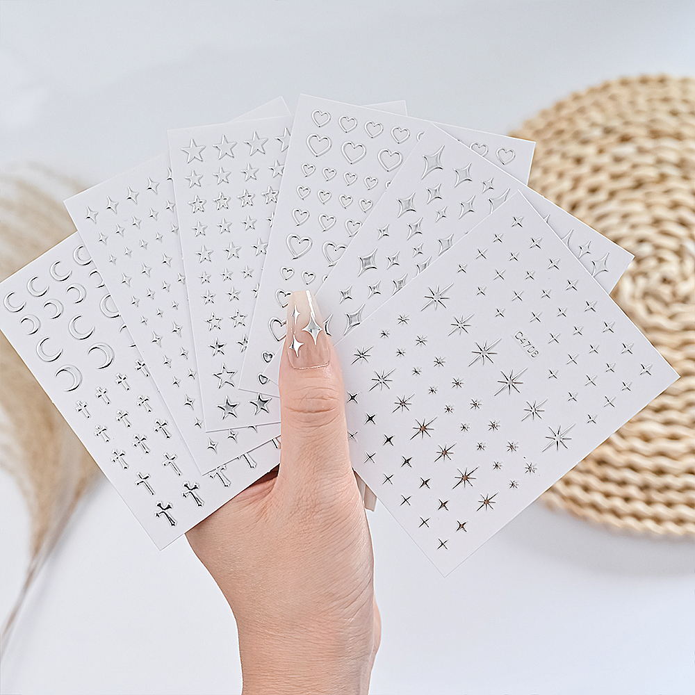 6 枚メタルシルバーネイルステッカーメタリック 3D スターネイルアートステッカーデカール自己粘着ネイルアートステッカーメタル​​チェーンハート