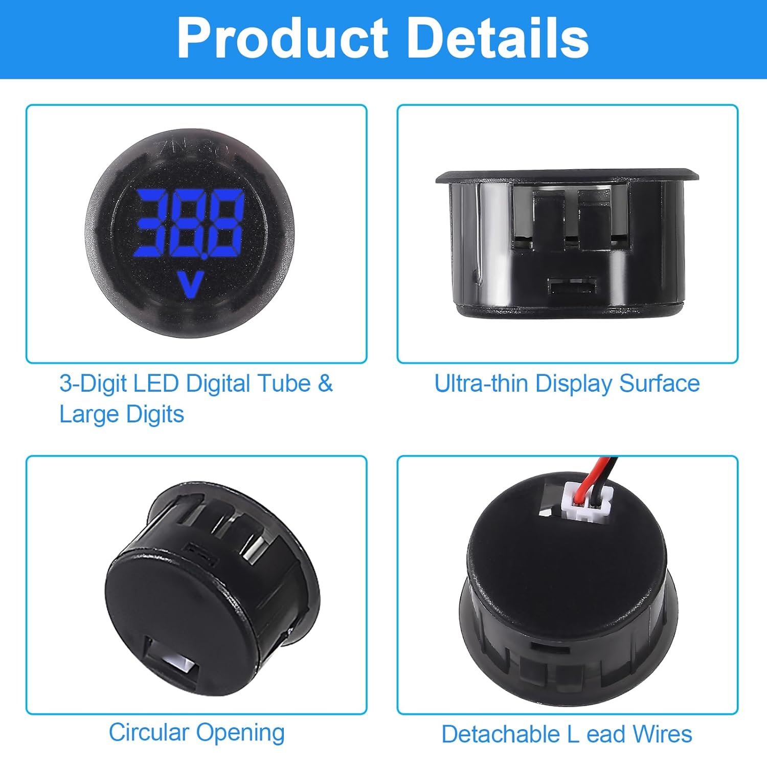 Medidor de voltaje de coche DC 4-100V, pantalla Digital LED, voltímetro impermeable de 12V y 24V, medidor de voltaje de Panel redondo, Detector de voltios, 2 uds.
