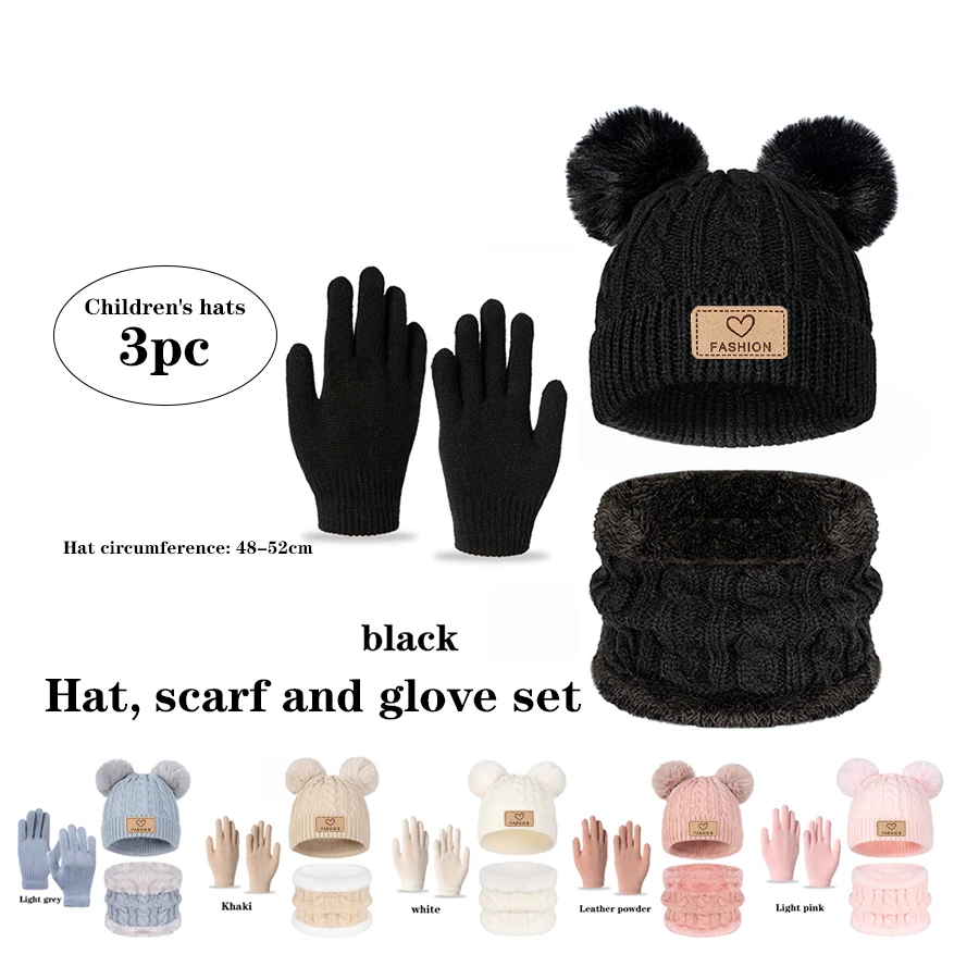 3 piezas Para niños y niñas de 3 a 12 años, usa gorra de punto de doble bola con cuello y guantes de color sólido en otoño e invierno.