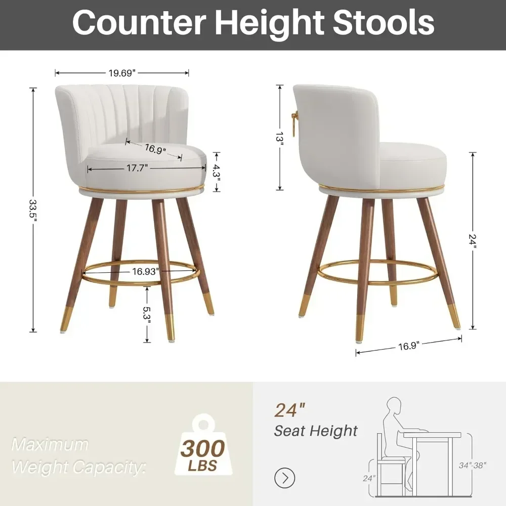 Counter Height Bar Stools, Swivel Bar Stools with Back, 24" H Seat Height Upholstered Counter Stools with Wood Legs and Footrest
