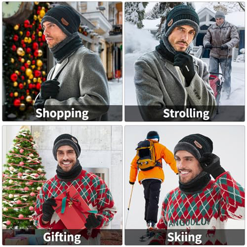Men's Winter Knitted Beanie Hat, Neck-Warming Scarf, and Touchscreen Glove Set with Wool-Lined Skull Cap