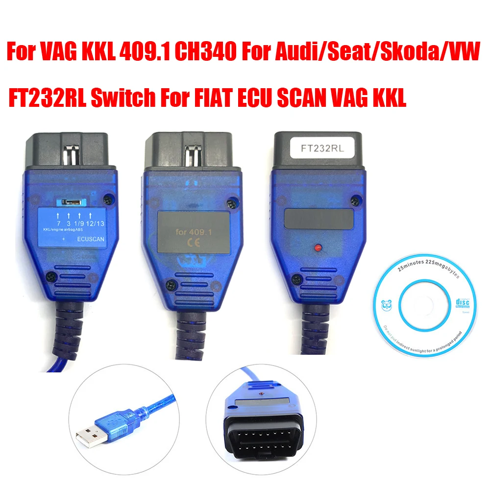Pour VAG KKL 409.1 CH340 OBD2 Interface USB pour Audi/Seat/Skoda/VW câble de Diagnostic de voiture commutateur FT232RL pour FIAT ECU SCAN VAG KKL