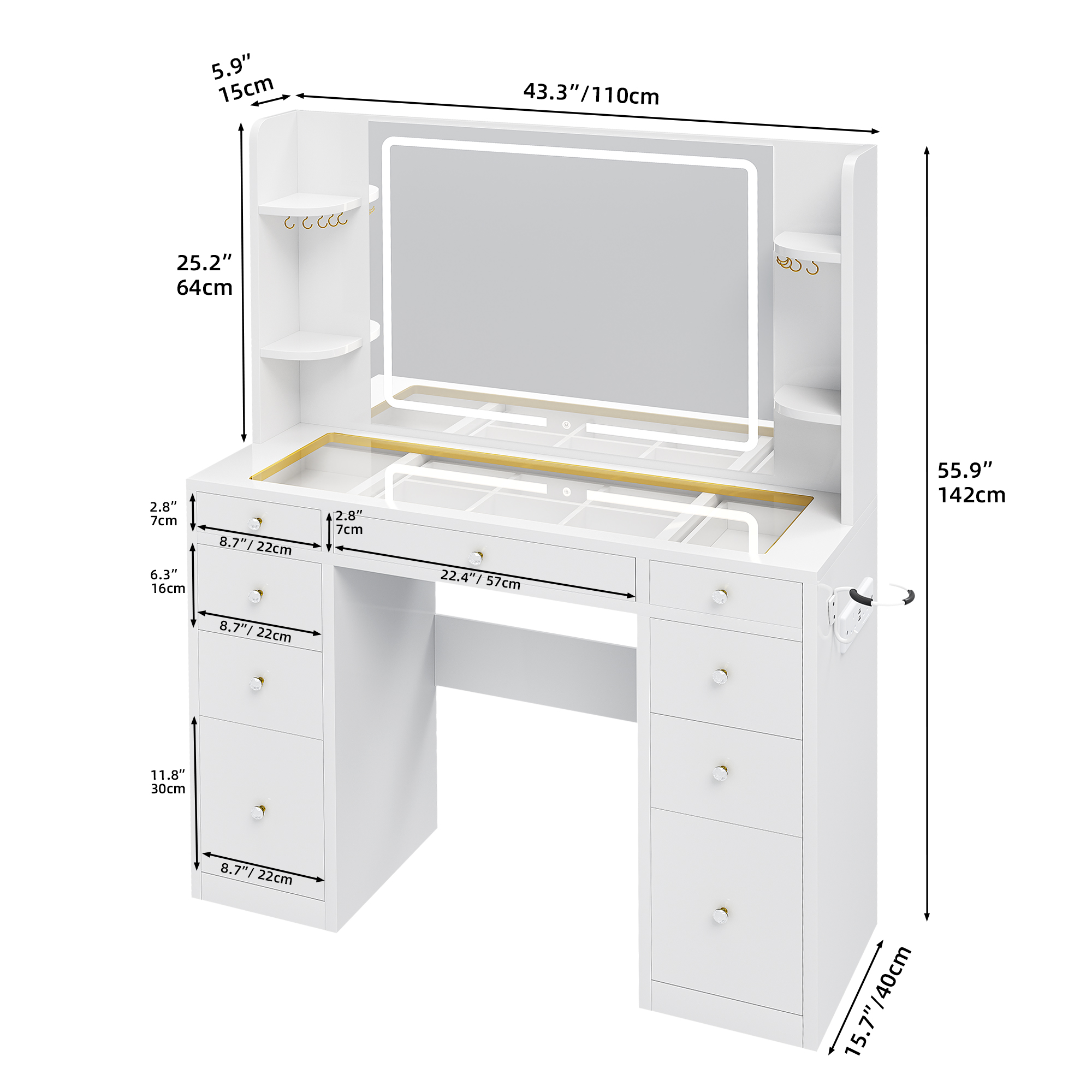 YITAHOME White Vanity Table - Adjustable LED Lighting & Outlets, 9 Drawers with Dividers, Transparent Desk for Makeup
