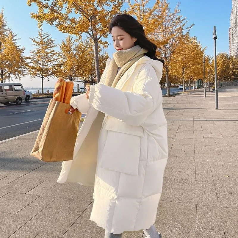 2024 nova jaqueta feminina coreana parkas de inverno solto com capuz algodão acolchoado feminino longo para baixo jaqueta engrossar casacos puffer oversize