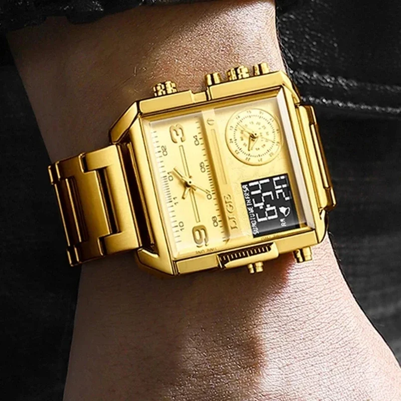 LIGE 2024 New Gold Quartz นาฬิกาผู้ชายแบรนด์หรูกีฬานาฬิกาทหารผู้ชายแฟชั่นสแควร์กันน้ํานาฬิกา Dual Display