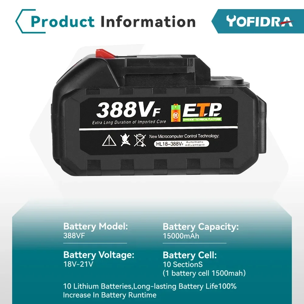 Yofidra 388VF バッテリー充電式 22500mah 15000mah リチウムイオン電池 928VF リチウムイオン電池マキタ電動工具