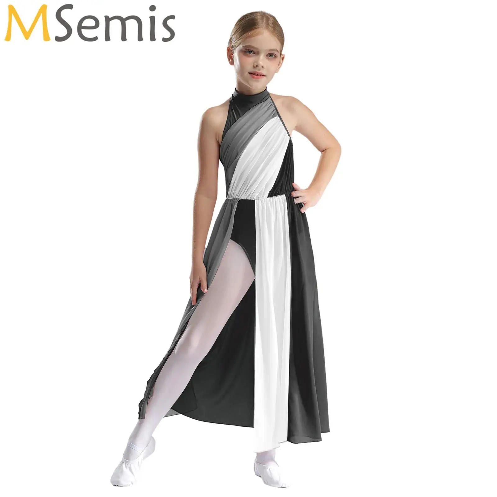 Kids Girls Modern Dance Dress Sleeveless Split Maxi Skirted Leotard Dress Ballet Lyrical Contemporary Performance Dancewear