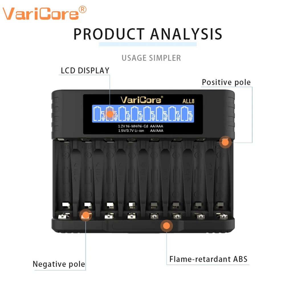 Cargador VariCore AA/AAA 4 cargador LCD ALL4 8 de alta velocidad con 8 ranuras, adecuado para baterías recargables de iones de litio Ni-MH de 1,2 V 1,5 V/3,7 V
