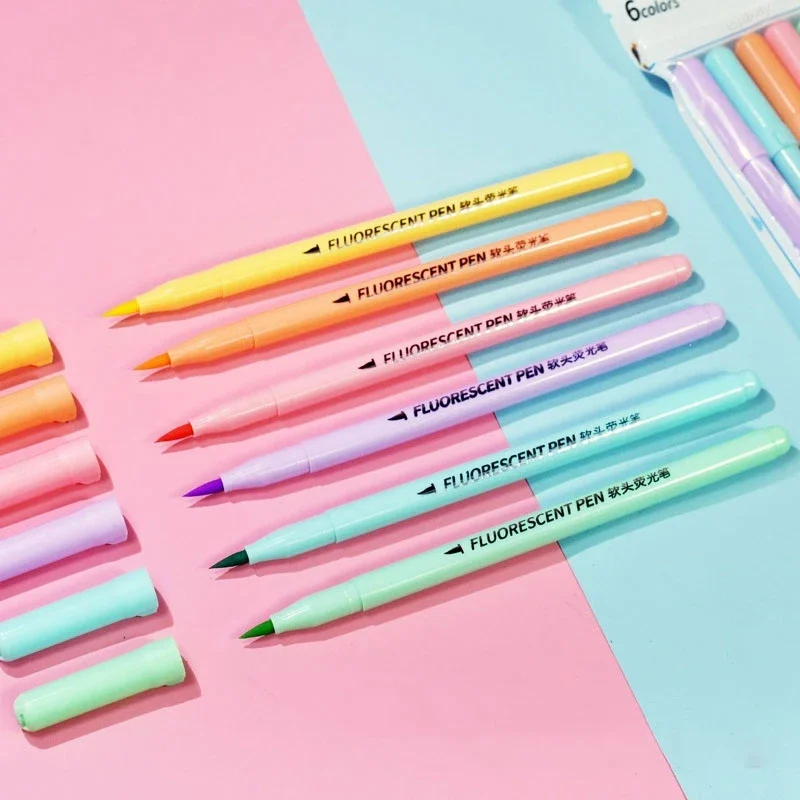 6-farben Soft Brush Fluoreszenz Stift Set Pastell Marker Pinsel Set Kunst Farbe Textmarker Kalligraphie Stifte Schreibwaren