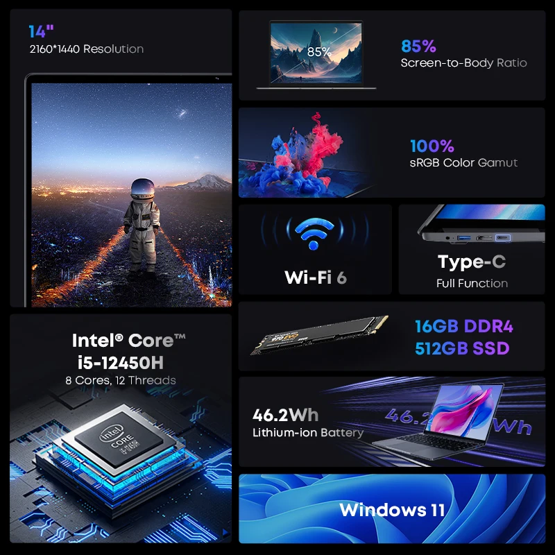 (在庫処分) Chuwi CoreBook X i5-12450H ゲーミングノートパソコン 14インチ FHDスクリーン 16GB RAM 512GB SSD WIFI 6 Windows 11 ゲーミングノートブック