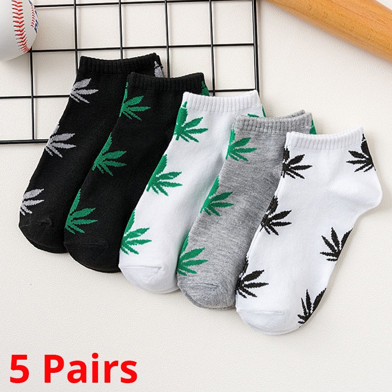 Calcetines cortos con diseño de hoja de arce para hombre, medias de estilo Hip Hop, Skateboard, baloncesto, barco, 5 pares