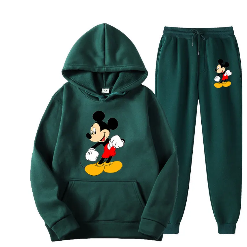 Mickey mouse dos desenhos animados anime feminino moletom moletom conjunto nova moda masculina pulôver calças terno outono casal moletom com capuz conjuntos de calças