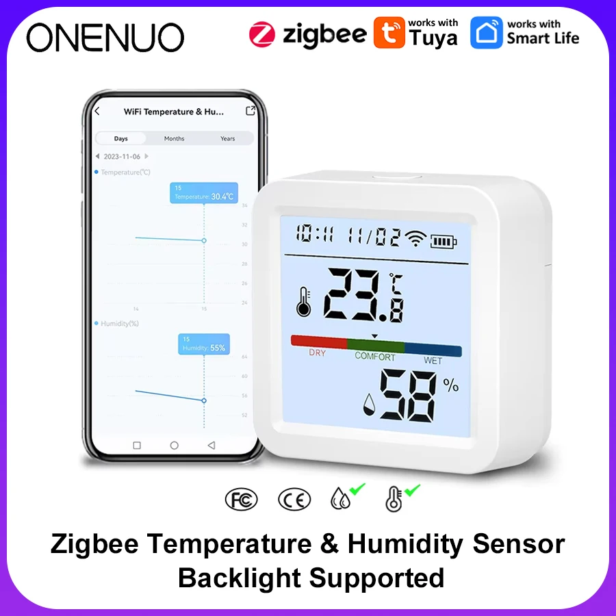 Inteligentny czujnik temperatury i wilgotności Tuya ZigBee z podświetlanym wyświetlaczem LCD, współpracuje z Asystentem Google i wymaga huba Tuya Zigbee.