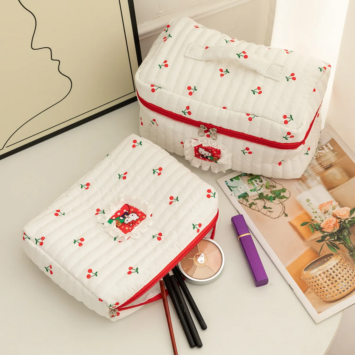 Simpatica borsa per trucco per gatti di grande capacità, custodia per cosmetici, organizer da toilette da viaggio per studenti