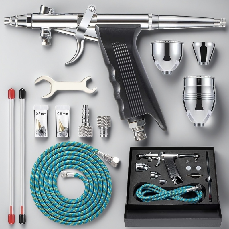 Kit de aerógrafo com gatilho de ação dupla, agulhas de 0,3/0,5/0,8 mm, copos de tinta 2/5/13 cc, pistola de aerógrafo ideal para unhas, bolo, arte de tatuagem