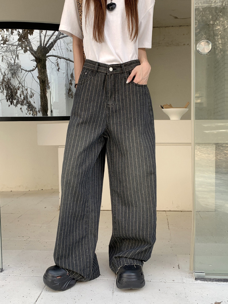 2024 Ropa Y2K ファッションヴィンテージストライプワイドレッグだぶだぶのジーンズパンツ女性の服ストレート洗浄黒カジュアル女性のズボン