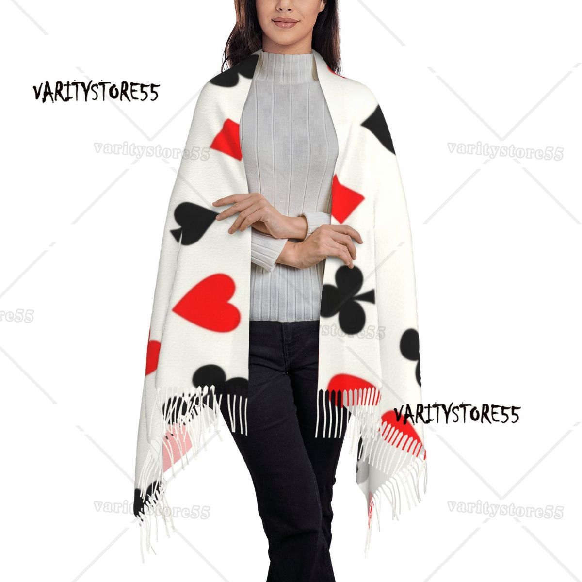 Divertido patrón de póker bufanda abrigo mujer largo invierno cálido borla chal Unisex juego de cartas bufandas para jugadores