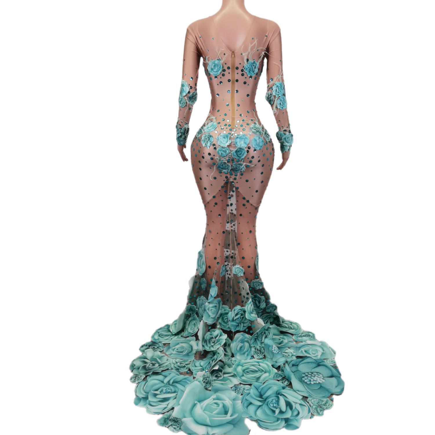 Huaxianzi-ラインストーンメッシュドレス,透明,人魚,花,メッシュ,マキシ,ステージウェア,歌手,パフォーマンス,コスチューム,結婚式,誕生日パーティー