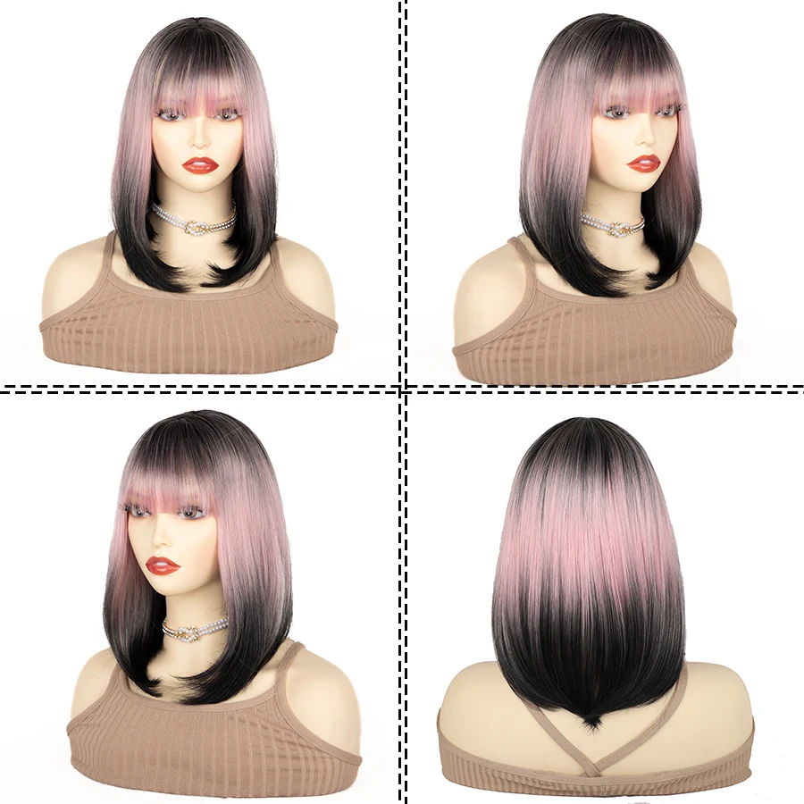 14-inch chique korte rechte roze tot zwart gradiëntpruik met pony synthetisch haar voor dames, perfect voor dagelijks gebruik op feest