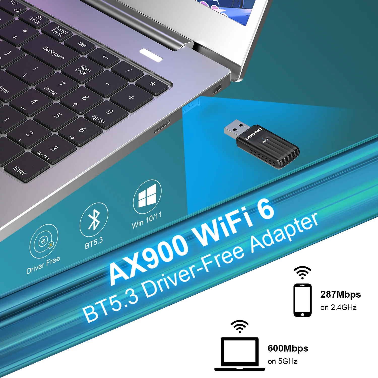COMFAST USB WiFi Bluetooth Adapter AX900 WiFi 6 Adapter Free-Drive 2.4G&5GHz 900Mbps WiFi adaptador BT5.3 Win10/11 WPA3 WiFi6