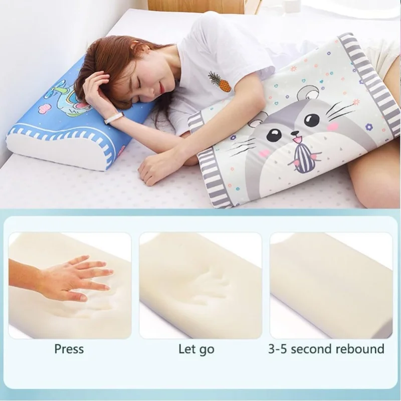 Almohada para niños de espuma viscoelástica con dibujos animados de 3 a 12 años, almohada transpirable con soporte para dormir para aliviar el dolor en el cuello con funda lavable de 45x27x6cm