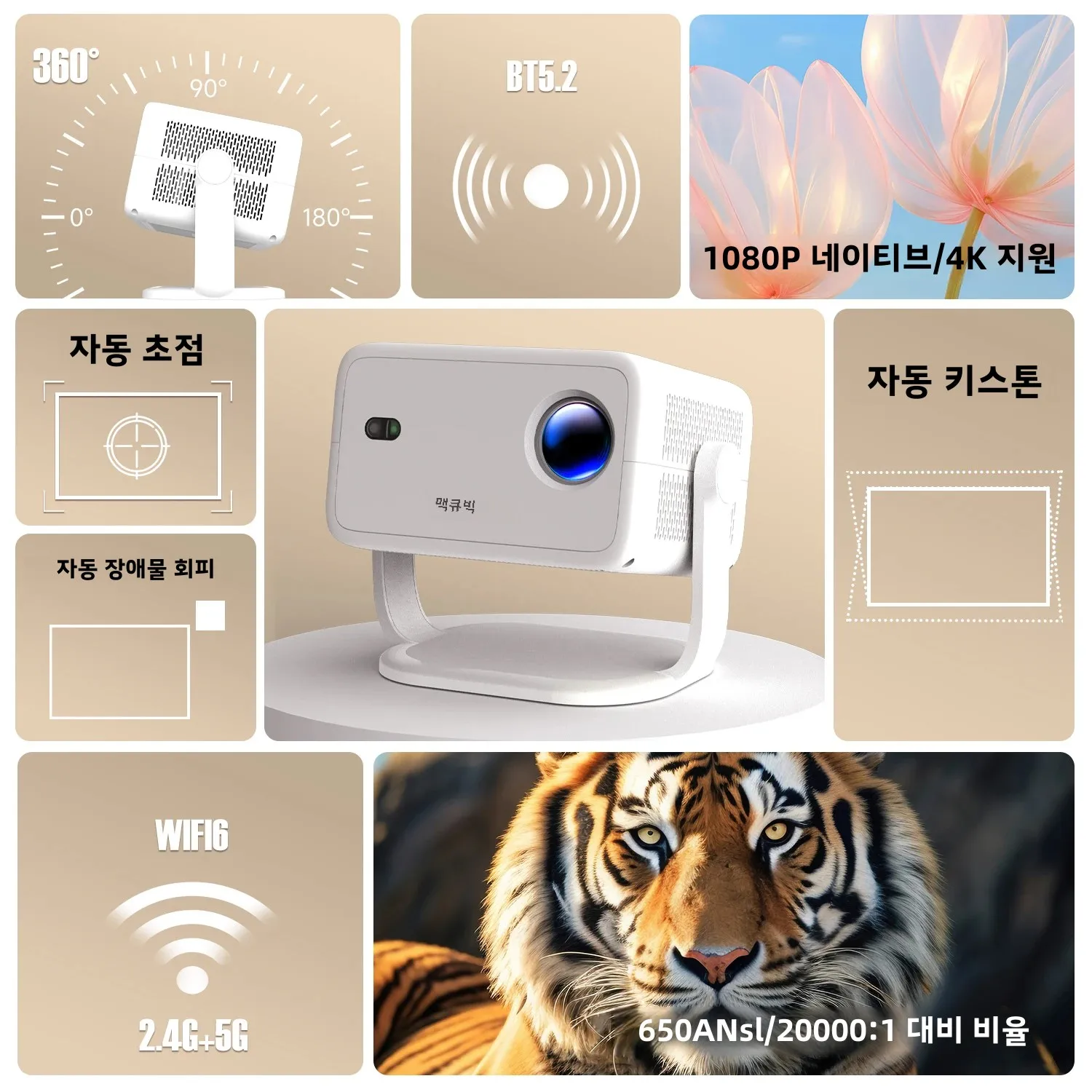 맥큐빅 네이티브 1080P 650ANSI 4K 안드로이드11 L018 프로젝터 자동 키스톤 보정 초점 Wifi6 BT5.2 휴대용 영화 야외