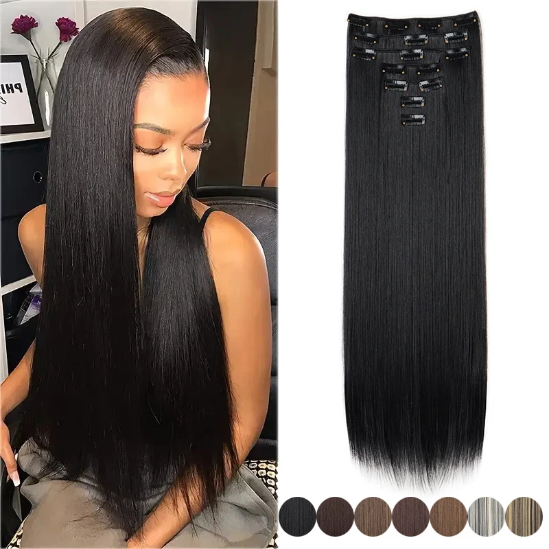 16 Clips synthetische lange glatte Haarverlängerungen Clips im Haar Schwarz Braun 7 Teile/satz Haarteil für Frauen