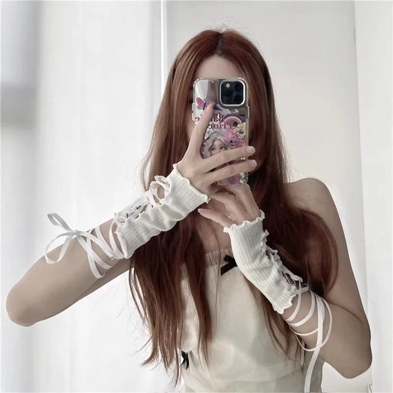 여성용 에로틱 홀터 레이스 손가락 없는 섹시한 팔 소매, DIY 스트랩 장갑, 스트레치 메쉬 펑크 장갑, 의류 액세서리