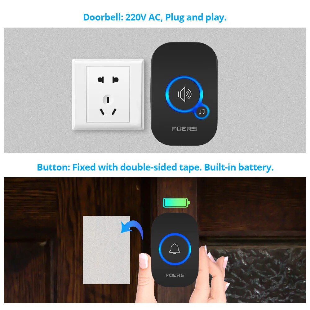 Timbre inalámbrico Fuers, alcance de 1000 pies, suficientemente fuerte con 4 niveles de volumen, campanas de bienvenida para puerta, LED intermitente, 2 receptores y 2 botones