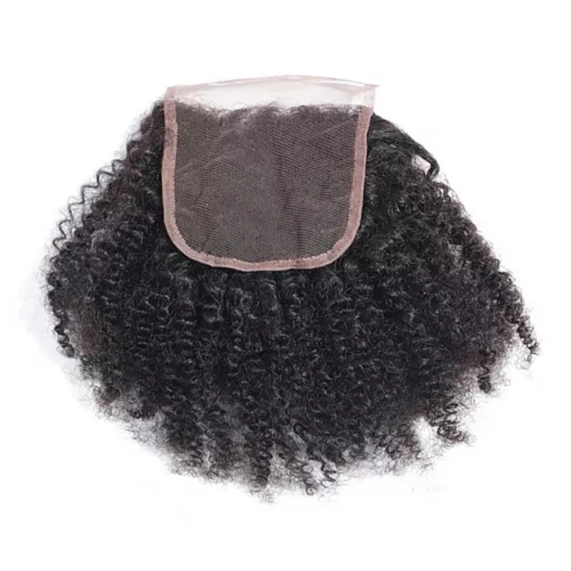 Cabello humano mongol Afro rizado con cierre de encaje 4x4, predesplumado, 150% de densidad, parte de encaje transparente, Color Natural, 10-18 pulgadas