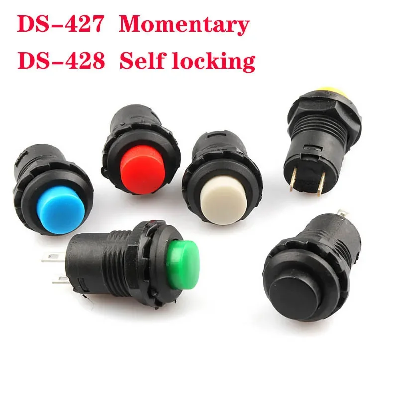 6 uds interruptores de botón momentáneo/bloqueo automático DS427 DS428 12mm interruptor de botón de encendido apagado 3A /125VAC 1.5A/250VAC DS-427 DS-428