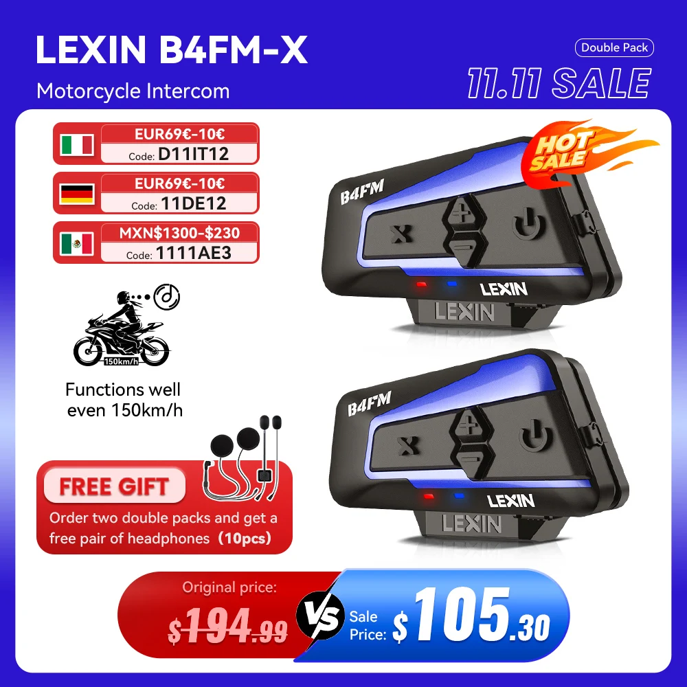Lexin B4FM-X Bluetooth Motocicleta Intercom capacete fones de ouvido, bt 5.0 comunicação sem fio interfone música compartilhar 10 motociclistas