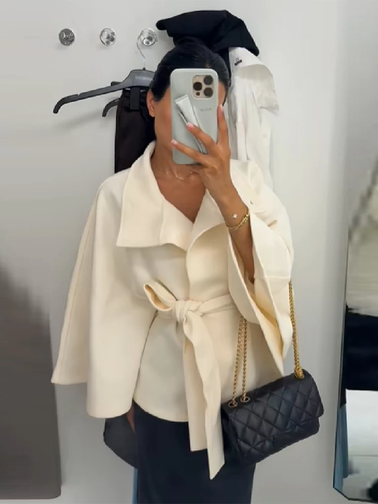 Schicke Vintage-Umhangjacke mit Gürtel, Stehkragen, einreihiger, lockerer Mantel, lockere Flare-Ärmelmäntel, frühe Damen-Herbst-Y2K-Outwears