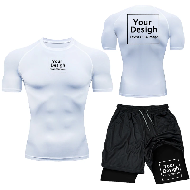 Conjunto de compresión con estampado personalizado para hombre, camiseta de gimnasio con logotipo de tu diseño + pantalones cortos de entrenamiento, trajes de Rashguard de atletismo transpirables de secado rápido