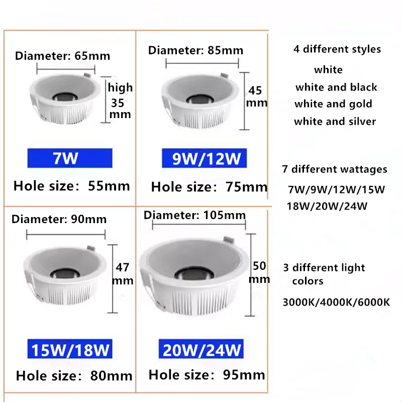 CRI 97 luces empotrables LED regulables antideslumbrantes 7W9W12W15W18W20W24W COB lámpara de techo focos AC110-230V + unidad Led