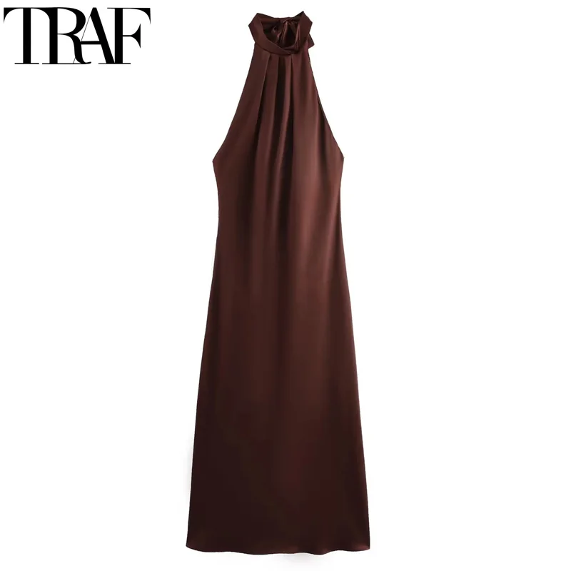 TRAF Halter ซาตินชุดยาวผู้หญิงผูก Backless สีน้ําตาล Midi ฤดูร้อนปิดไหล่ชุดปาร์ตี้ชุดราตรีจีบ