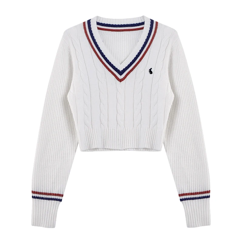 Yuoomuoo koreanische Mode Pullover Frauen Herbst V-Ausschnitt y2k Cartoon Stickerei Strick oberteile Winter weiche Basic Langarm Pullover