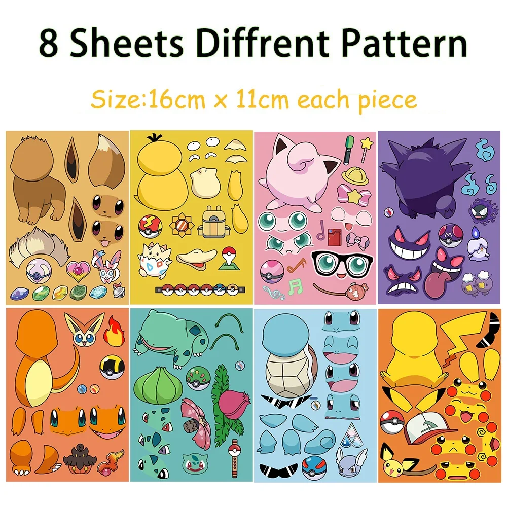 8/16 แผ่น Pikachu Pokemon เด็กปริศนาสติกเกอร์ Make-a-Face ตลกประกอบจิ๊กซอว์ DIY สติกเกอร์การ์ตูนเด็กของเล่นเพื่อการศึกษา