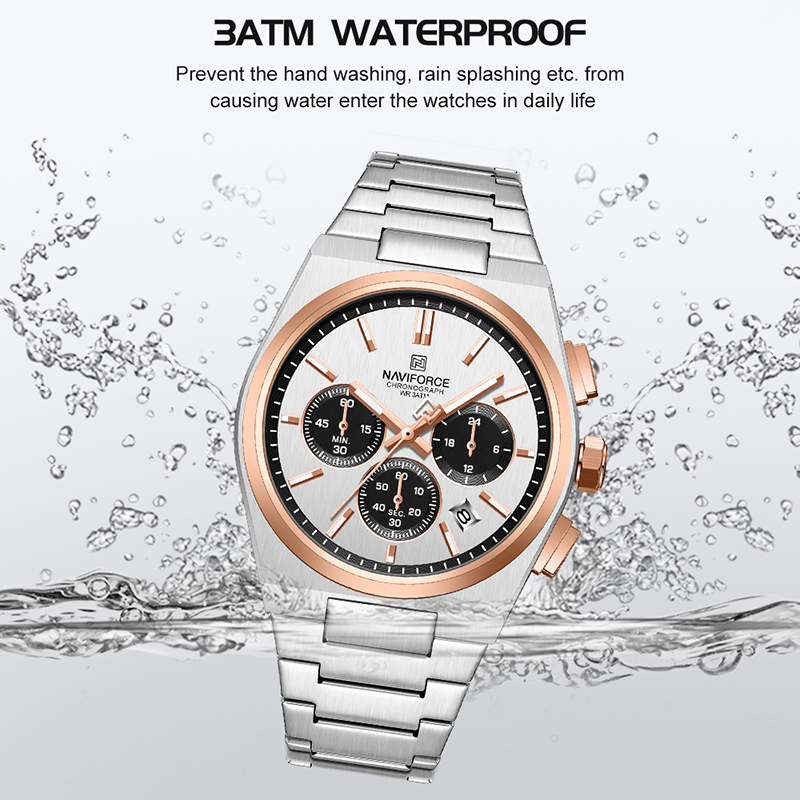 NAVIFORCE แบรนด์หรูนาฬิกาคนรักสายเหล็กควอตซ์นาฬิกาข้อมือโครโนกราฟกันน้ําแสดงวันที่ของขวัญคู่ต้นฉบับ